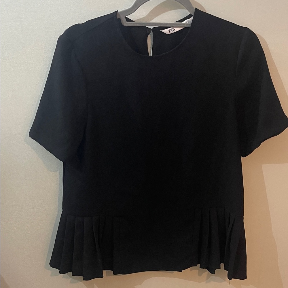 Zara small black pleated rounded neckline blouse top